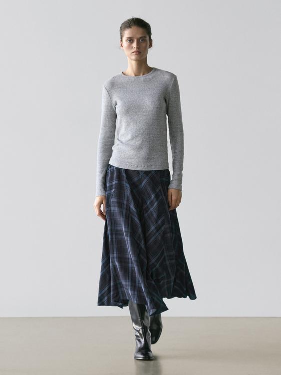 Check print flowing godet skirt
