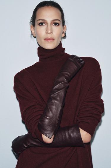 Zara 100% LEATHER LONG GLOVES - Maroon