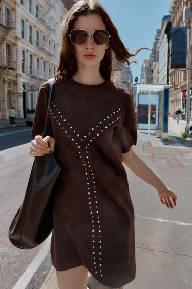Zara FAUX SUEDE STUDDED DRESS - Dark brown