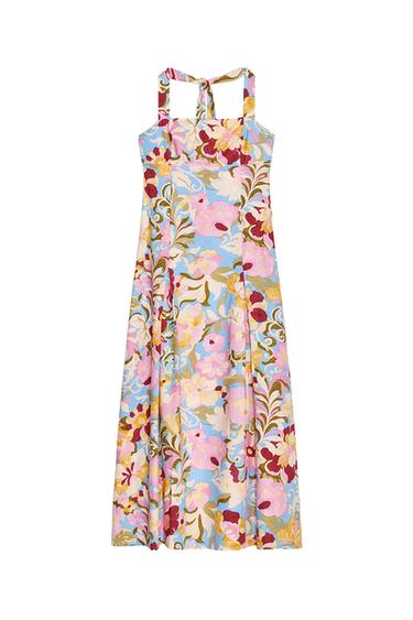 PRINTED LINEN BLEND MIDI DRESS
