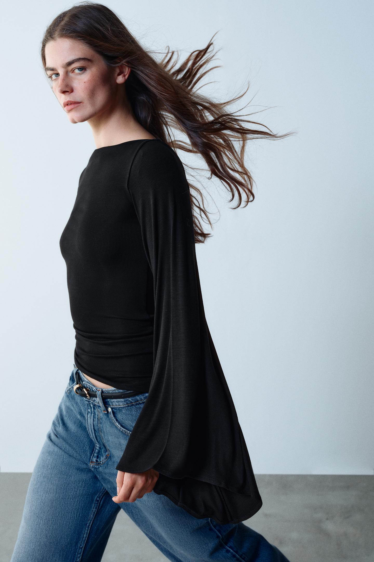 Женская футболка Zara Cape Sleeve, цвет: Чёрный — фото 3