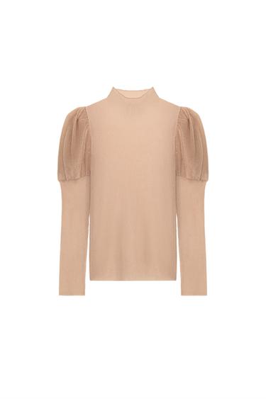 Zara 半透視燈籠袖針織上衣 - 淺桃紅色