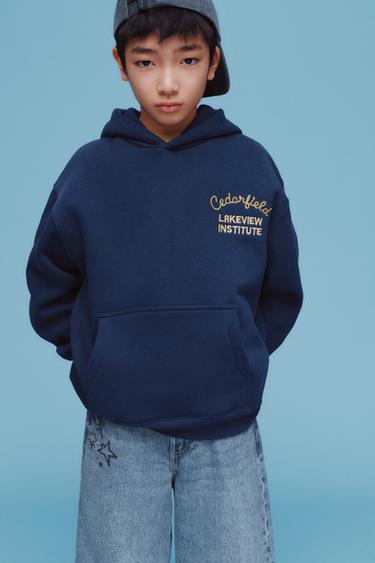 Zara 刺繡標語連帽運動衫 - 海藍色