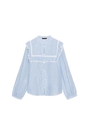 Front view of a blue and white striped shirt with a round neck, long sleeves, ruffles, and a button-front fastening.
