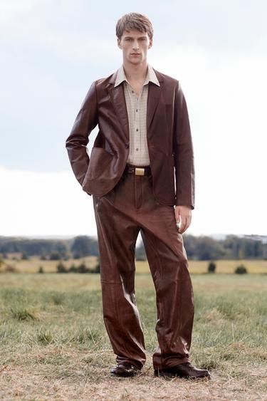 Zara LIMITED EDITION LEATHER SUIT PANTS - Brown