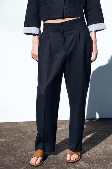LINEN STRAIGHT-LEG TROUSERS WITH DARTS - Navy blue by Zara