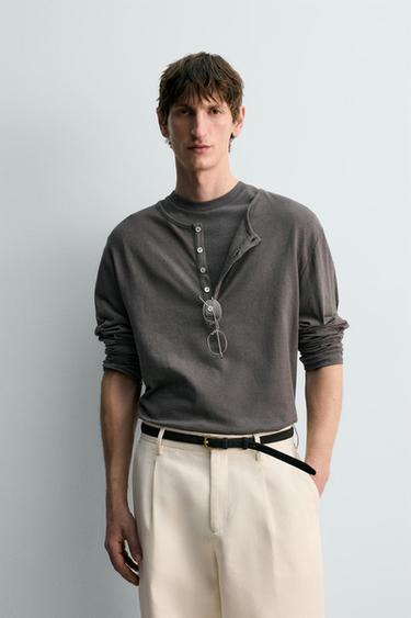COTTON - LINEN HENLEY T-SHIRT - Dark grey by Zara