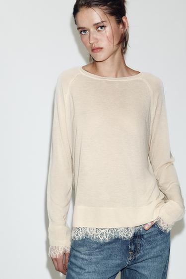 JERSEY PUNTO ENCAJE - Beige de Zara