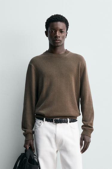 REGULAR FIT COTTON-LINEN JUMPER - Dark khaki by Zara