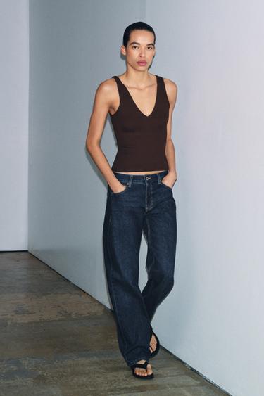 RIB V-NECK TOP - Brown by Zara