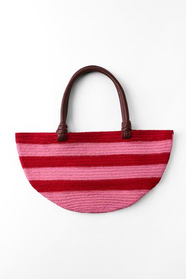 STRIPED JUTE LEATHER BAG - Red by Zara
