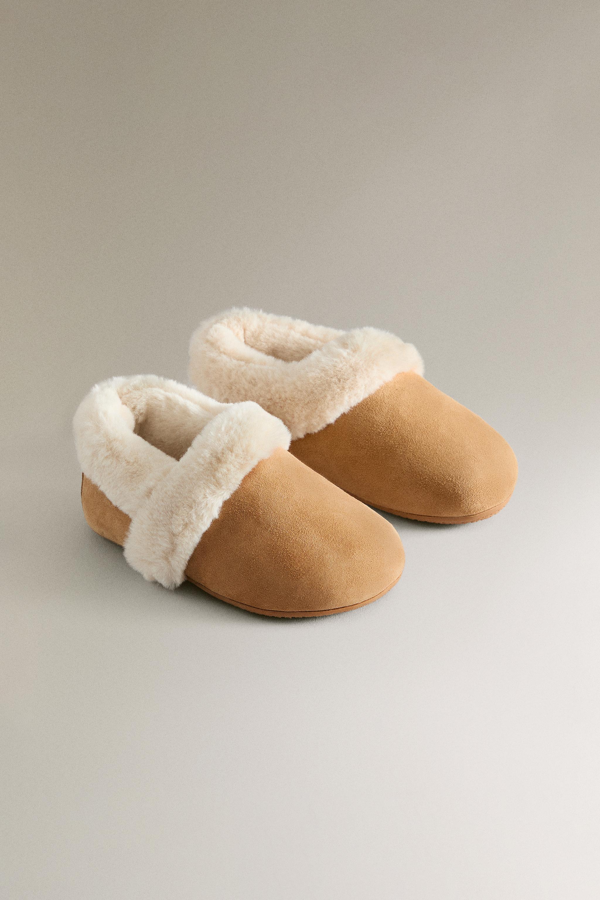 KIDS COSY LEATHER SLIPPERS — Brown