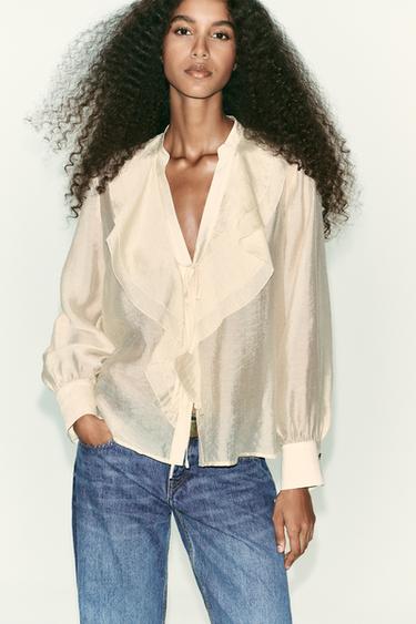 RUFFLED BLOUSE WITH TIES - Beige by Zara - Image 1