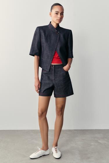 CONTRAST STITCH LINEN BLEND SHORT SLEEVE BLAZER - Indigo by Zara - Image 0