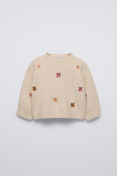 Zara FLORAL EMBROIDERY KNIT SWEATER - Light beige
