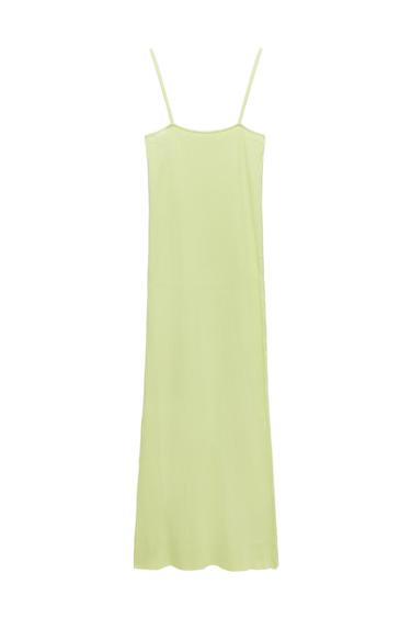 Straight neck tube dress with spaghetti straps.