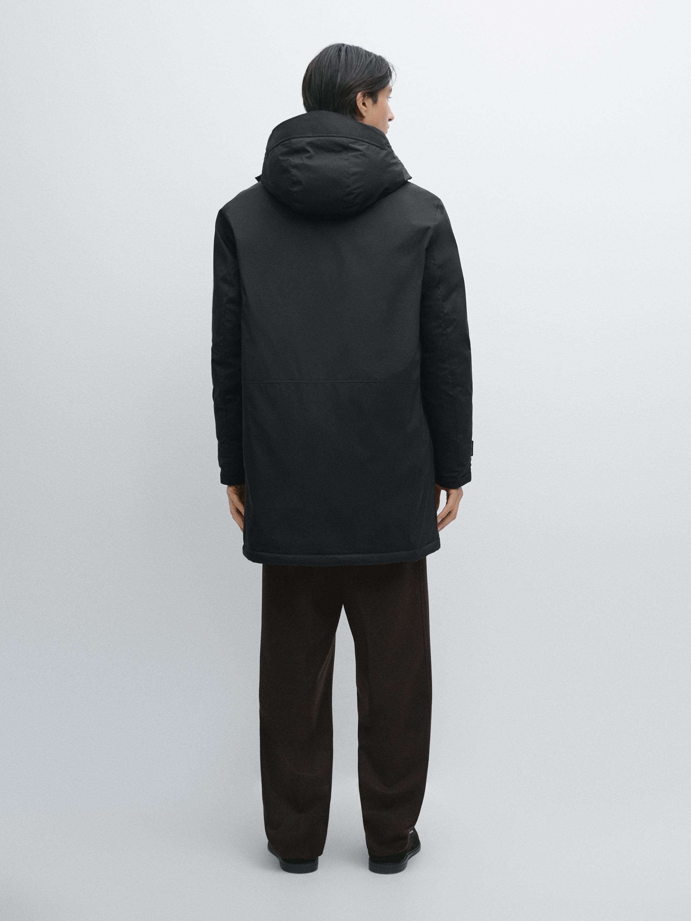 Long water-repellent down blend hooded parka