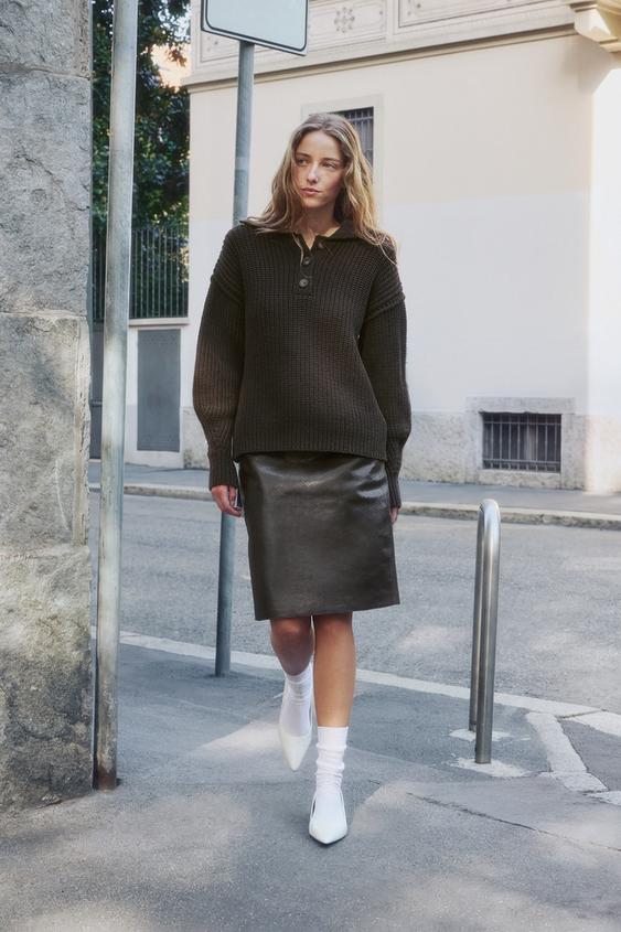 Zara KNIT POLO JUMPER - Brown - Image 0
