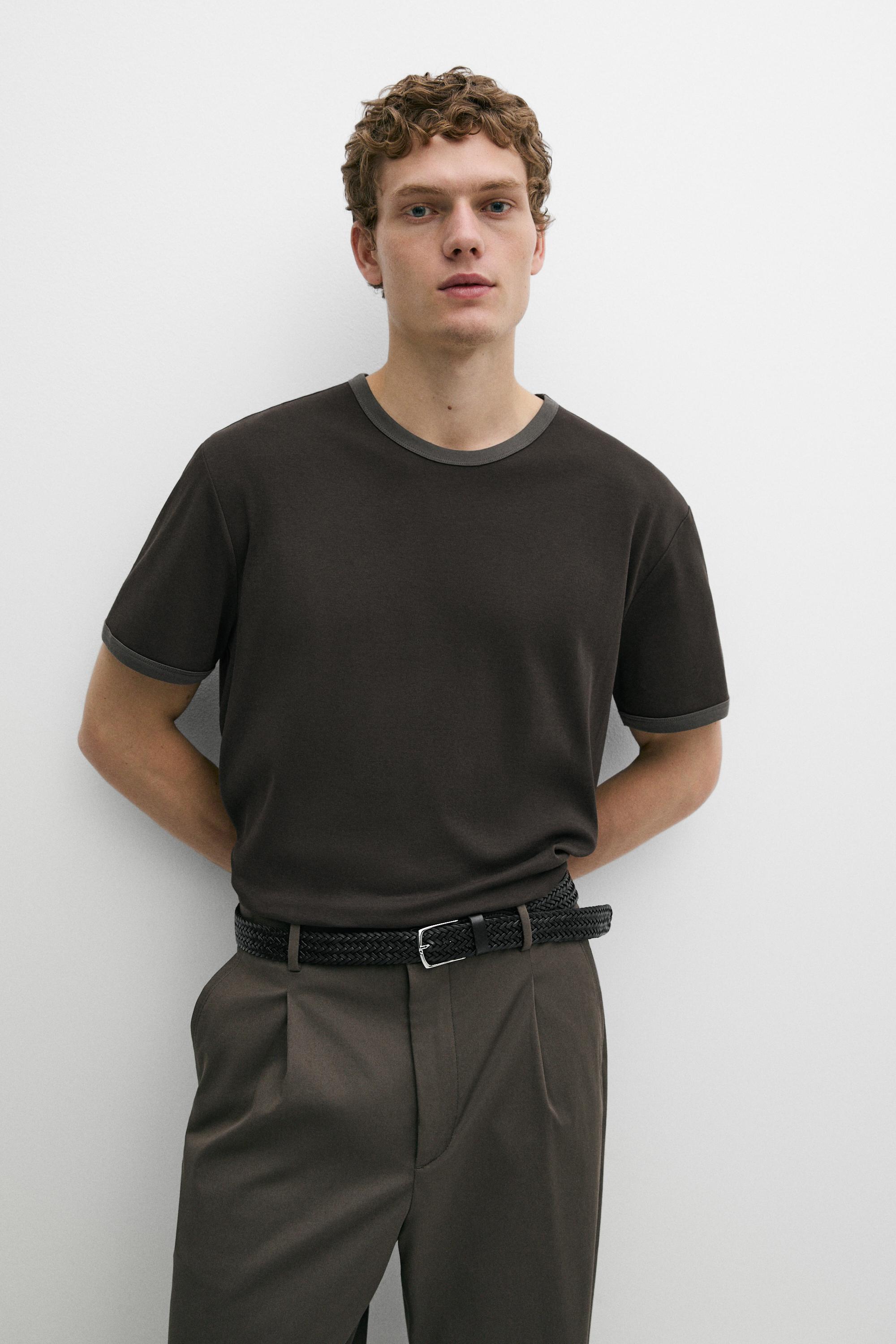 100% cotton contrast neck T-shirt — Charcoal gray