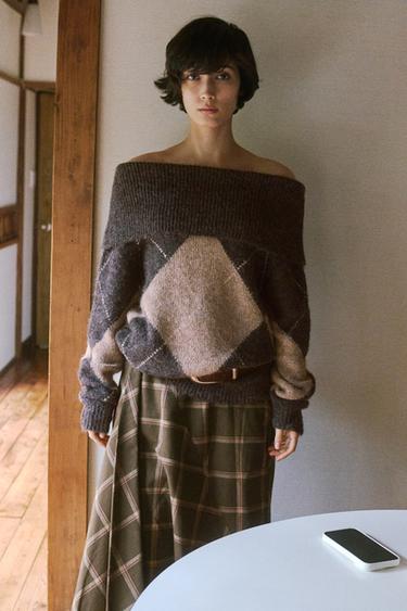 ストラップレス菱形ニットセーターグレー/ベージュZaraのストラップレス菱形ニットセーター - グレー/ベージュ