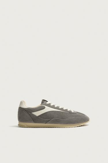 Zara RETRO LEATHER SNEAKERS - Light khaki