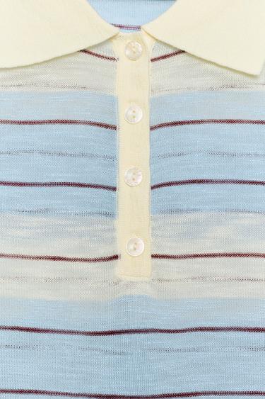 STRIPED KNIT POLO SHIRT - Ecru / Blue by Zara - Image 8