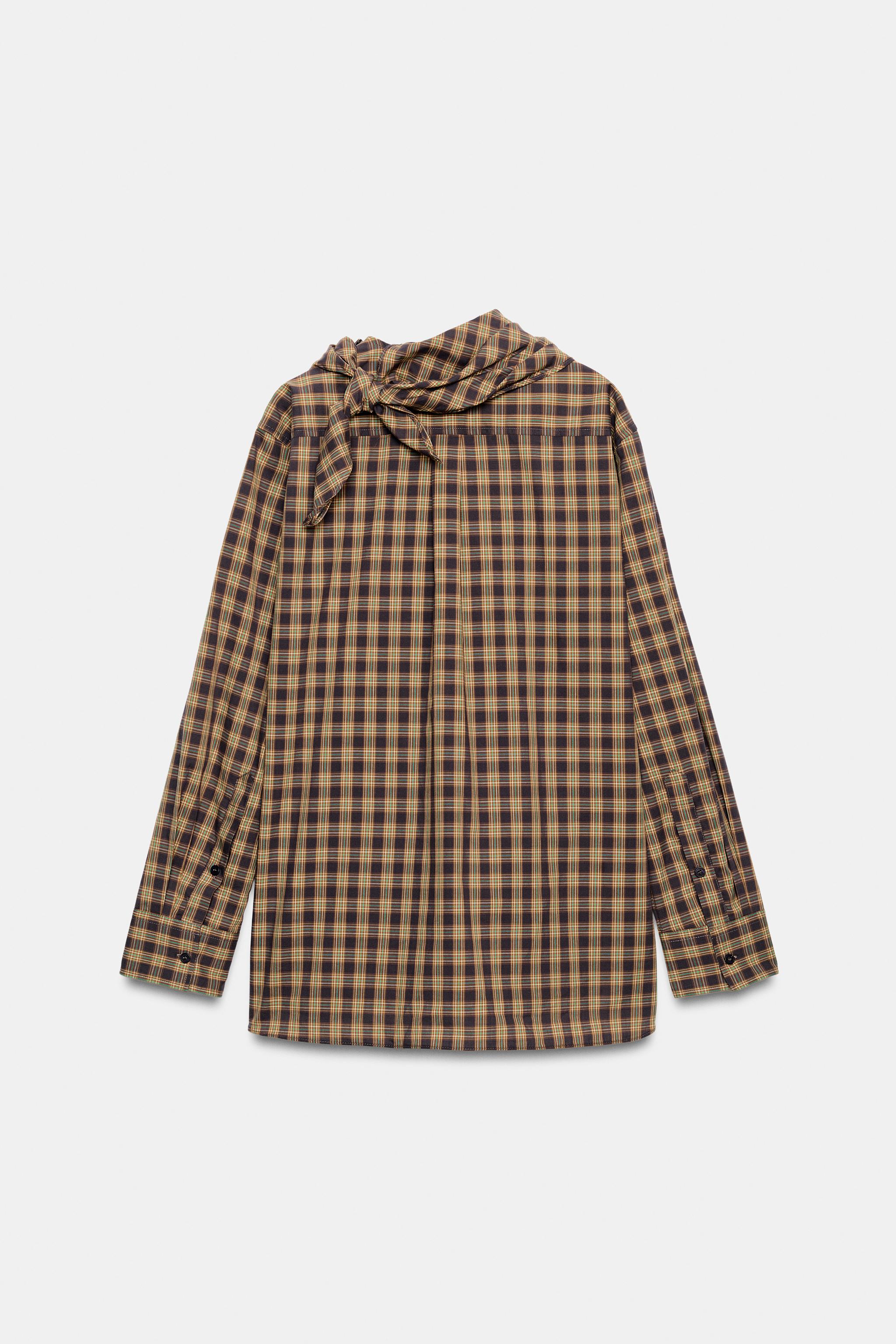 Женские рубашки Zara PLAID SCARF-NECK OVERSIZE SHIRT — фото 8
