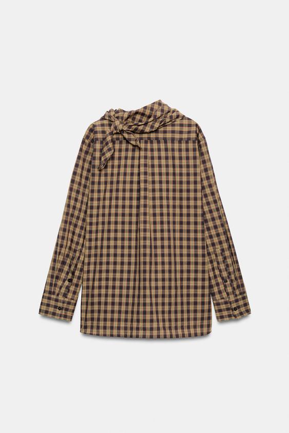 スカーフチェック オーバーサイズシャツ - ブラウン/グリーン | ZARA 