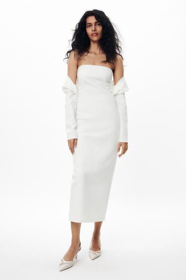 ROBE MIDI ÉPAULES DÉNUDÉES - Blanc de Zara - Image 0