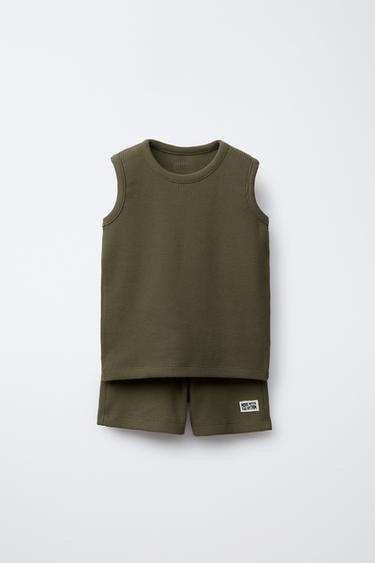 Zara WAFFLE T-SHIRT AND BERMUDA JOGGING SET - Dark brown