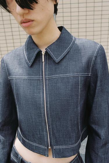 コントラストステッチ入りショートジャケットインディゴブルーZaraのコントラストステッチ入りショートジャケット - インディゴブルー 