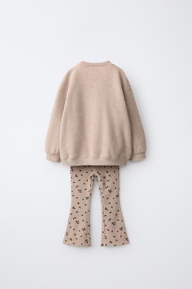 FLORAL PRINT HEART PATCH SWEATSHIRT AND FLARE LEGGING SET — Sand / Marl 2