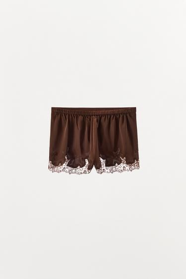 SATIN SHORTS WITH EMBROIDERY AND LACE - Brown by Zara - Image 4