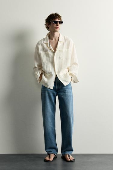 قميص relaxed fit 100% كتان بثنيات - خَام الخاص بـ Zara