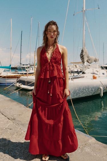 CHÂN VÁY MIDI XẾP NẾP VẢI LINEN - Màu đỏ rượu từ Zara