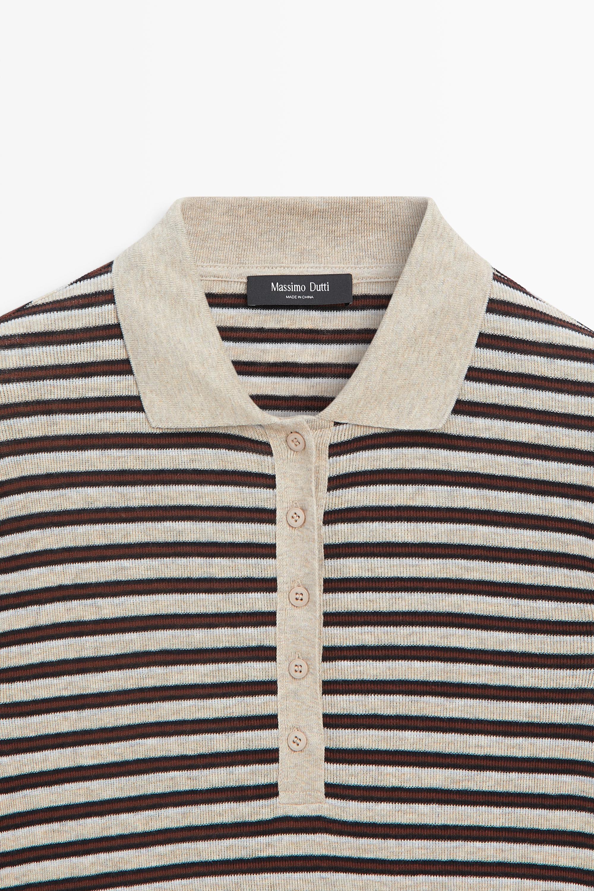 Long sleeve striped wool-blend polo