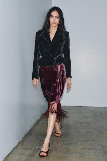 MID-WAIST VELVET SARONG SKIRT WITH FLOES EMBROIDERY - Burgundy by Zara
