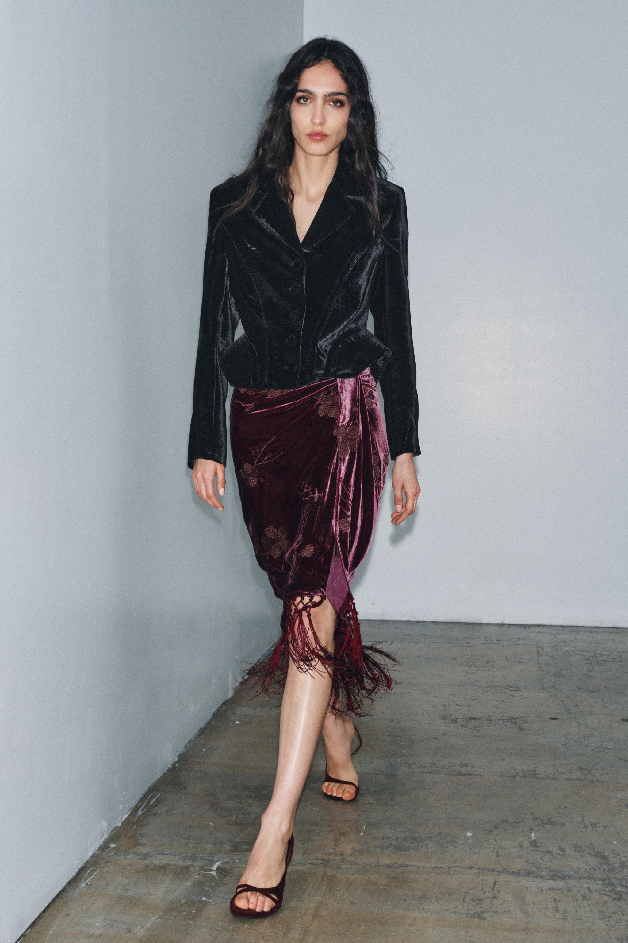 VELVET WRAP SKIRT WITH FLORAL EMBROIDERY