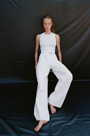 HIGH-WAIST TRF WIDE-LEG CROSSOVER WAIST JEANS - White by Zara