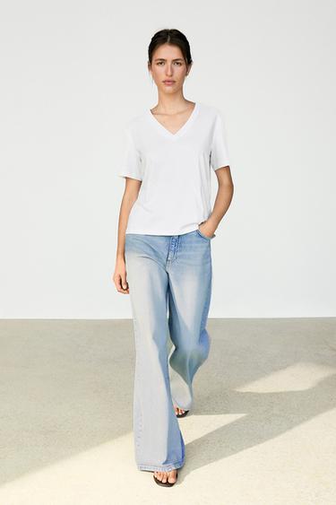 Zara 100% cotton interlock V-neck T-shirt - White - Image 0