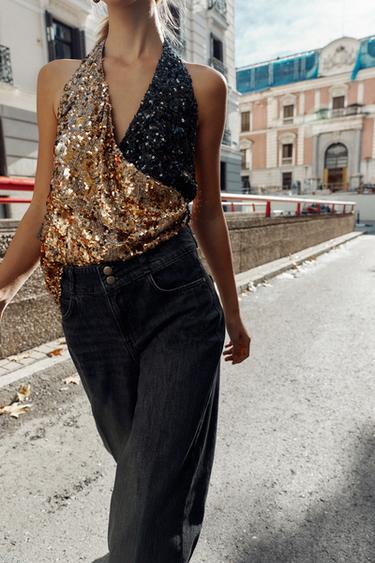 JEANS Z1975 WIDE LEG بخصر عالٍ - أسود by Zara