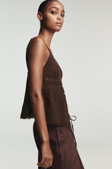 LACE-TRIMMED CHIFFON TOP - Brown by Zara