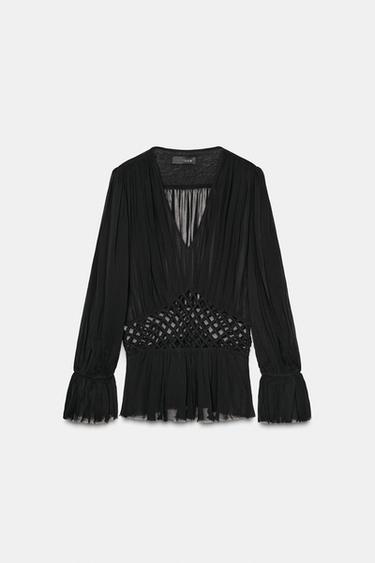 Zara ZW COLLECTION MACRAMÉ V-NECK BLOUSE - Black