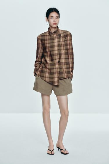 Zara ZW COLLECTION 寬鬆版格紋襯衫式外套 - 淡粉紅色