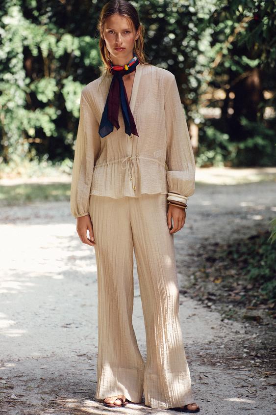 PANTALON LARGE SEMI-TRANSPARENT EFFET FROISSÉ - Beige clair de Zara - Image 0