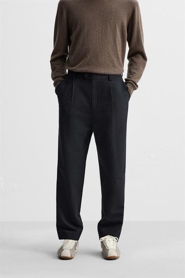 Zara PLEATED COTTON - WOOL PANTS - Navy blue