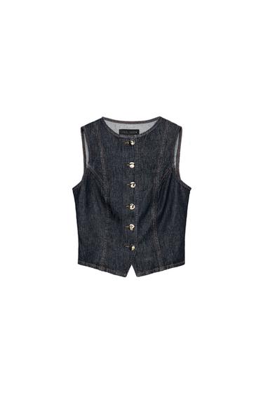 Front view of a fitted blue waistcoat, round neck, sleeveless, with metal button fastening at the front.