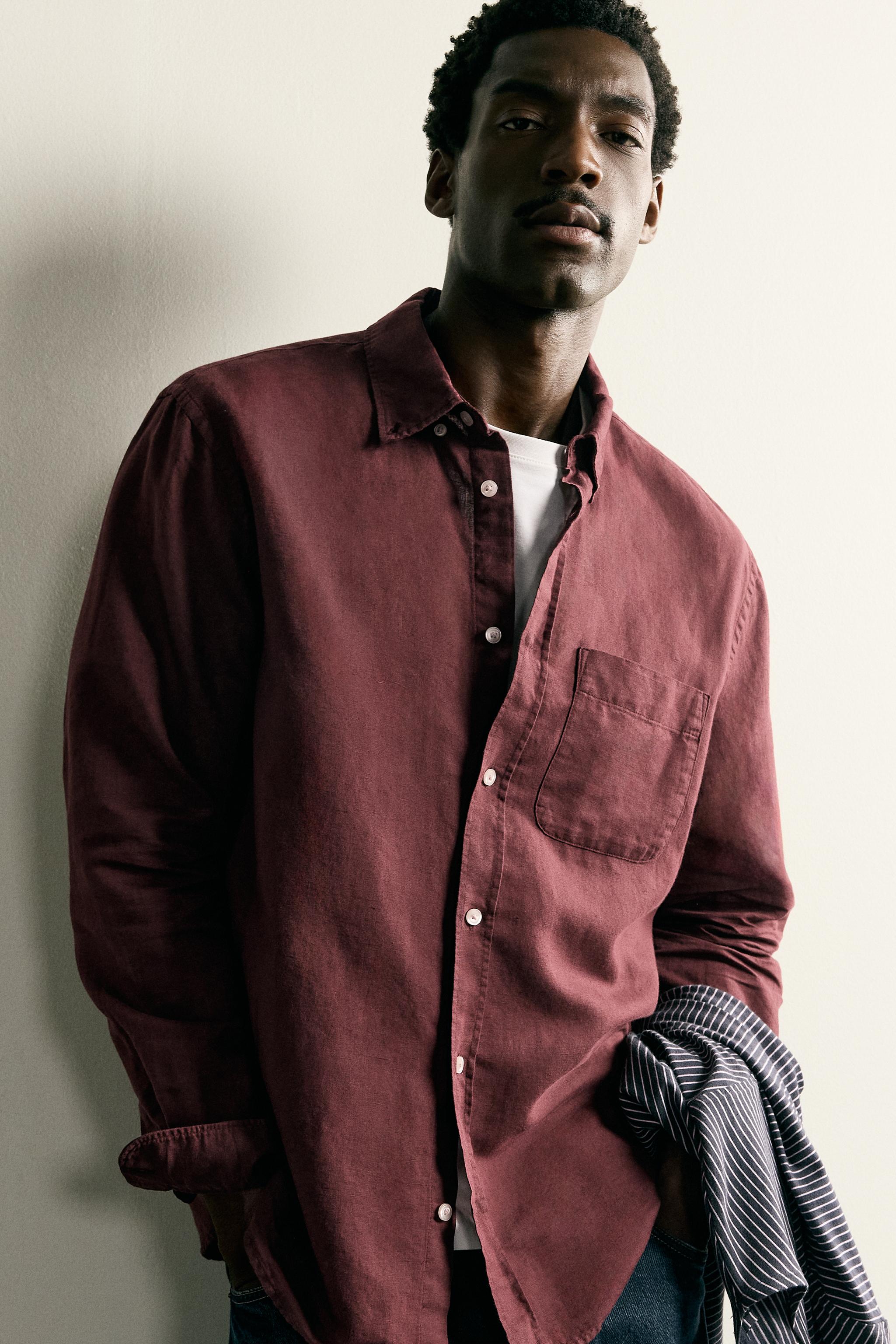 LINEN COTTON BLEND SHIRT - Maroon | ZARA Canada