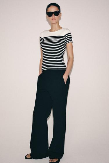 Zara SHORT SLEEVE STRIPED T-SHIRT - Ecru / Blue