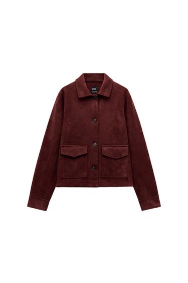 Front view of a burgundy jacket with front pockets and visible button fastening.